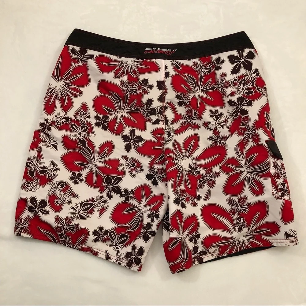 Rusty Surf Red & White Aloha Hawaiian Floral Board Shorts Swim Trunks Men’s 38